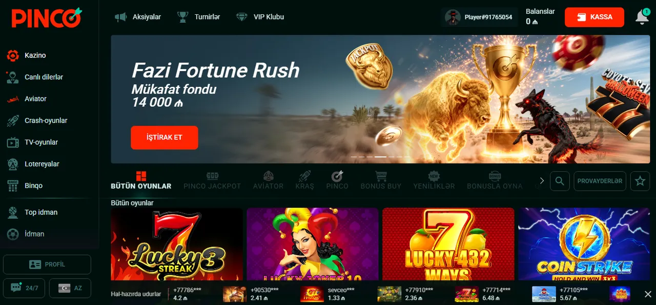 Pinco Casino mobil versiyasının funksiyaları